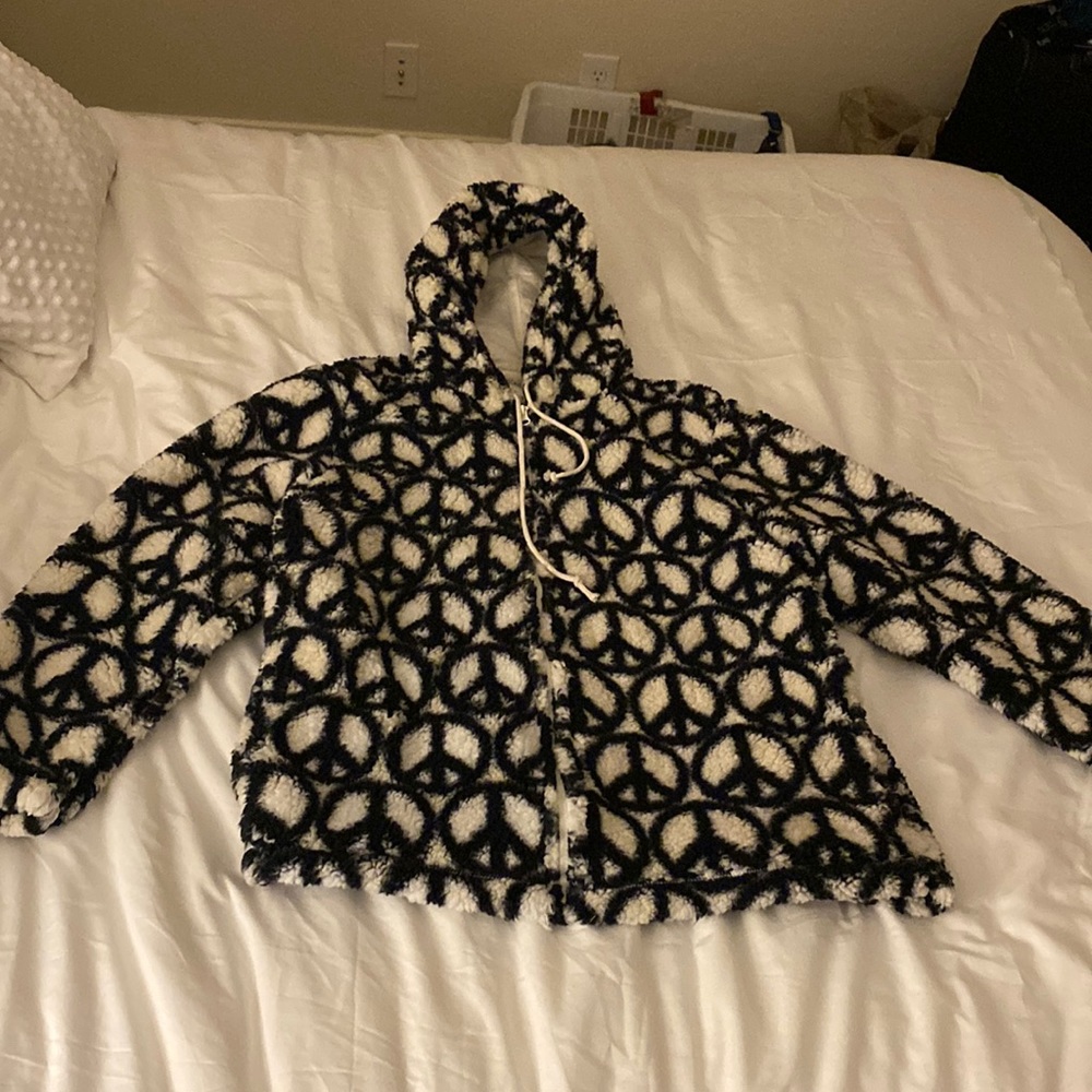 peace sign furry hoodie jacket